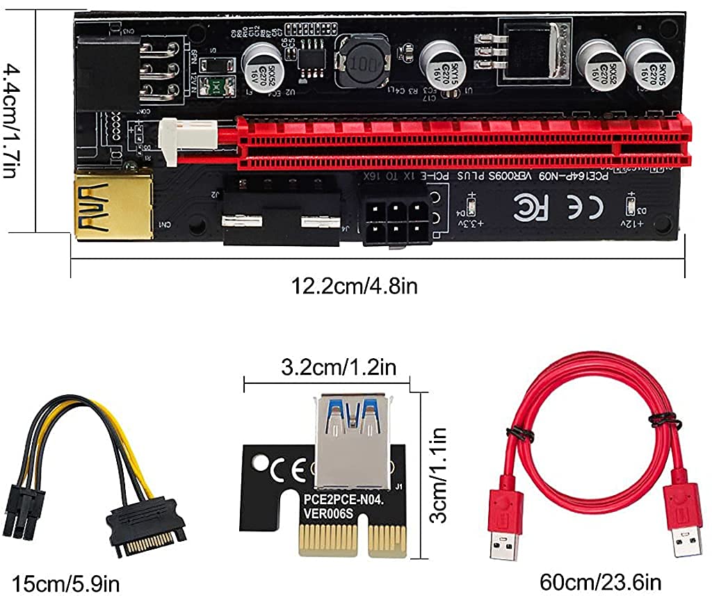 Eleboat® 2 Pack Pi+ VER009S Gold PCI-E 6Pin 1X to 16X Powered Pcie Riser Adapter Card Eleboat® 2 Pack Pi+ VER009S Gold PCI-E 6Pin 1X to 16X Powered Pcie Riser Adapter Card